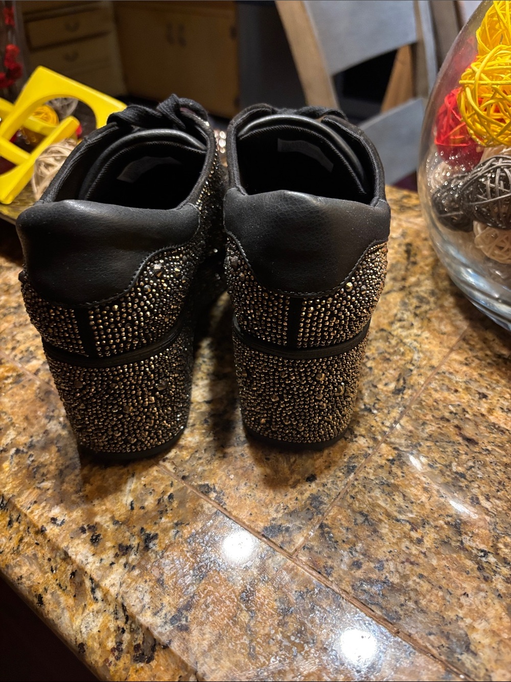 Black platform sneakers with all-over rhinestone embellishment. - Picture 3 of 9